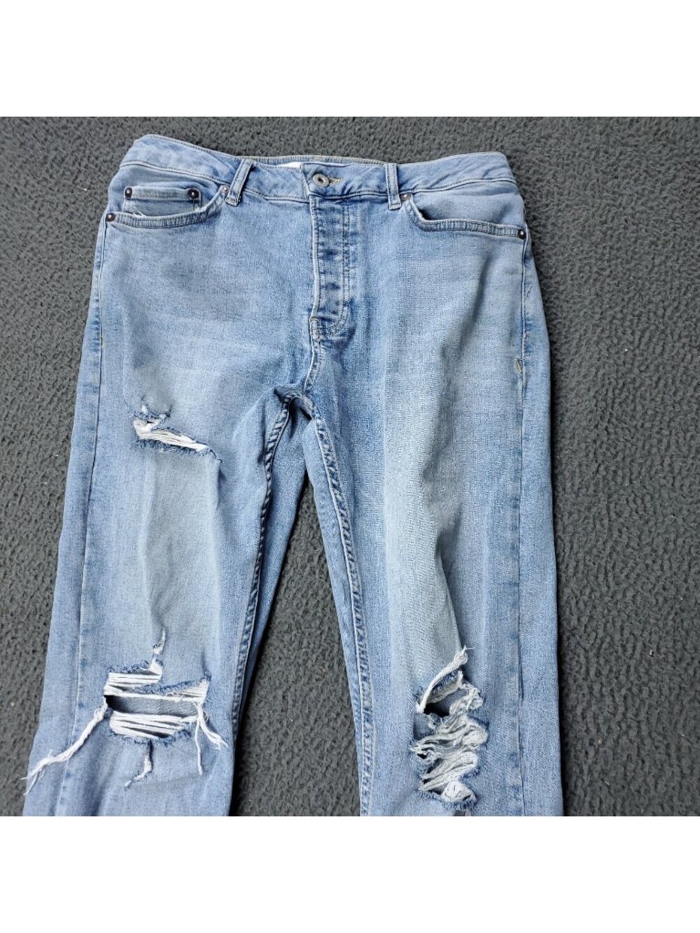 TOPMAN Stretch Skinny Jeans Mens 32x32 Denim Blue Distressed Button Ripped Y2K